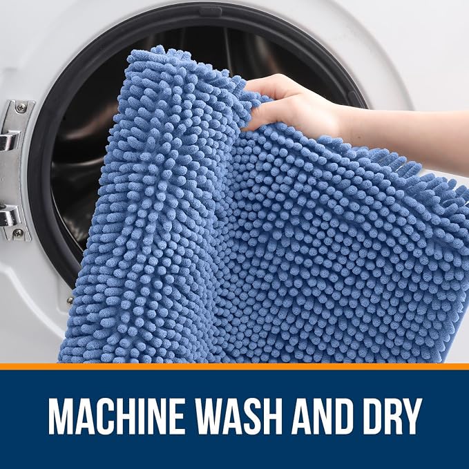 OLANLY Bathroom Runner Rugs 47x17, Soft Absorbent Chenille Bath Rugs, Rubber Backing Quick Dry, Machine Washable Long Bath Mats for Bathroom, Tub and Shower, Home Decor Accessories, Cornflower Blue