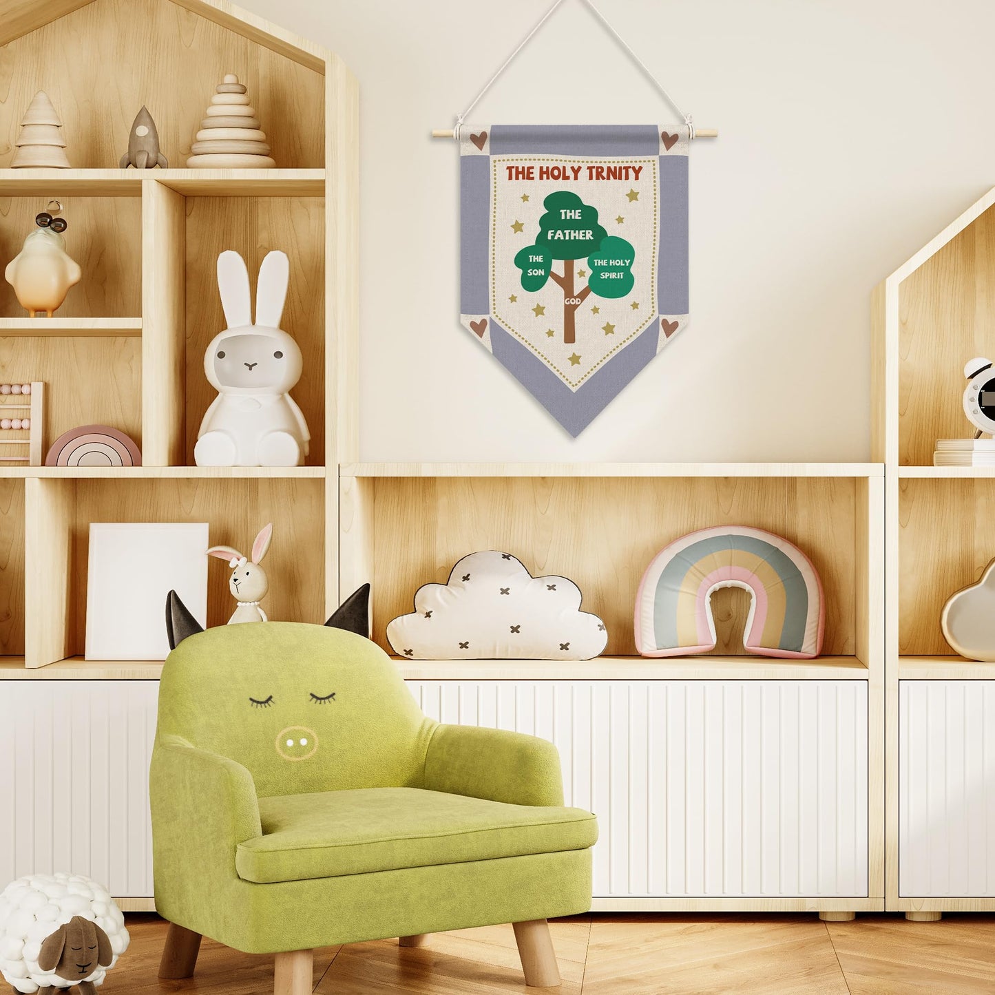 RUKUPA Christian Tree Nursery Wall Art Decor, Kids Scripture Hanging Pennant Flag, the Holy Trinity Religious Wall Art Poster Hanger for Kids Room Classroom Sunday School Homeschool Decor, 11x15 Inch