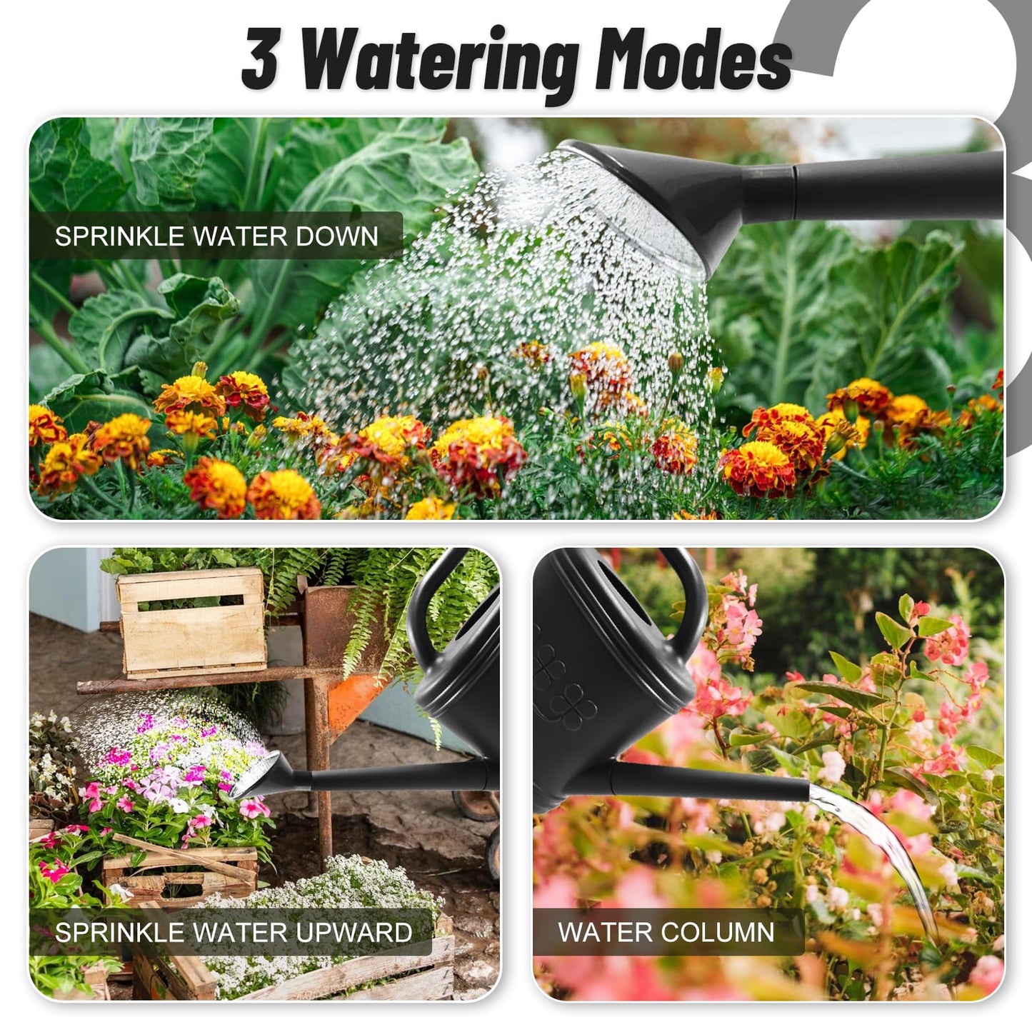 2 Gallon Watering Can, Outdoor Watering Can for Plants, Garden Water Can with Removable Long Spout and Stainless Steel Sprinkler Head, Large Water Can for Greenhouse (Black, 2 Gallon)