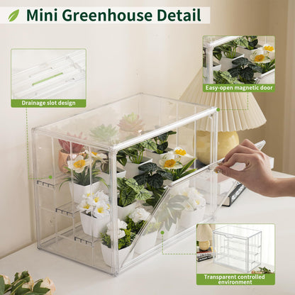 PEEKUP Clear Mini Greenhouse Indoor, Small Portable Tabletop Green House with Magnetic Door for Seed Starting, Plant Grow Warmer and Home Gardening Display