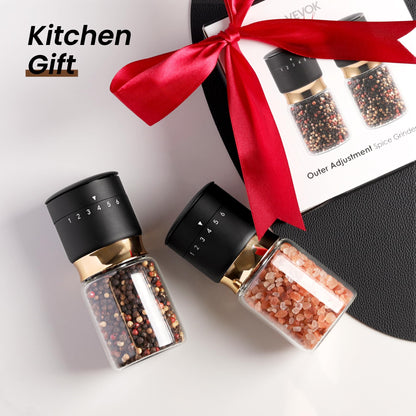 Gold Salt and Pepper Grinder Set with External Adjustable Coarseness Stainless Steel Sea Salt & Pepper Mill Set Ceramic Core Spice Grinder Refillable Glass Black and Gold Shaker Kitchen Accessories
