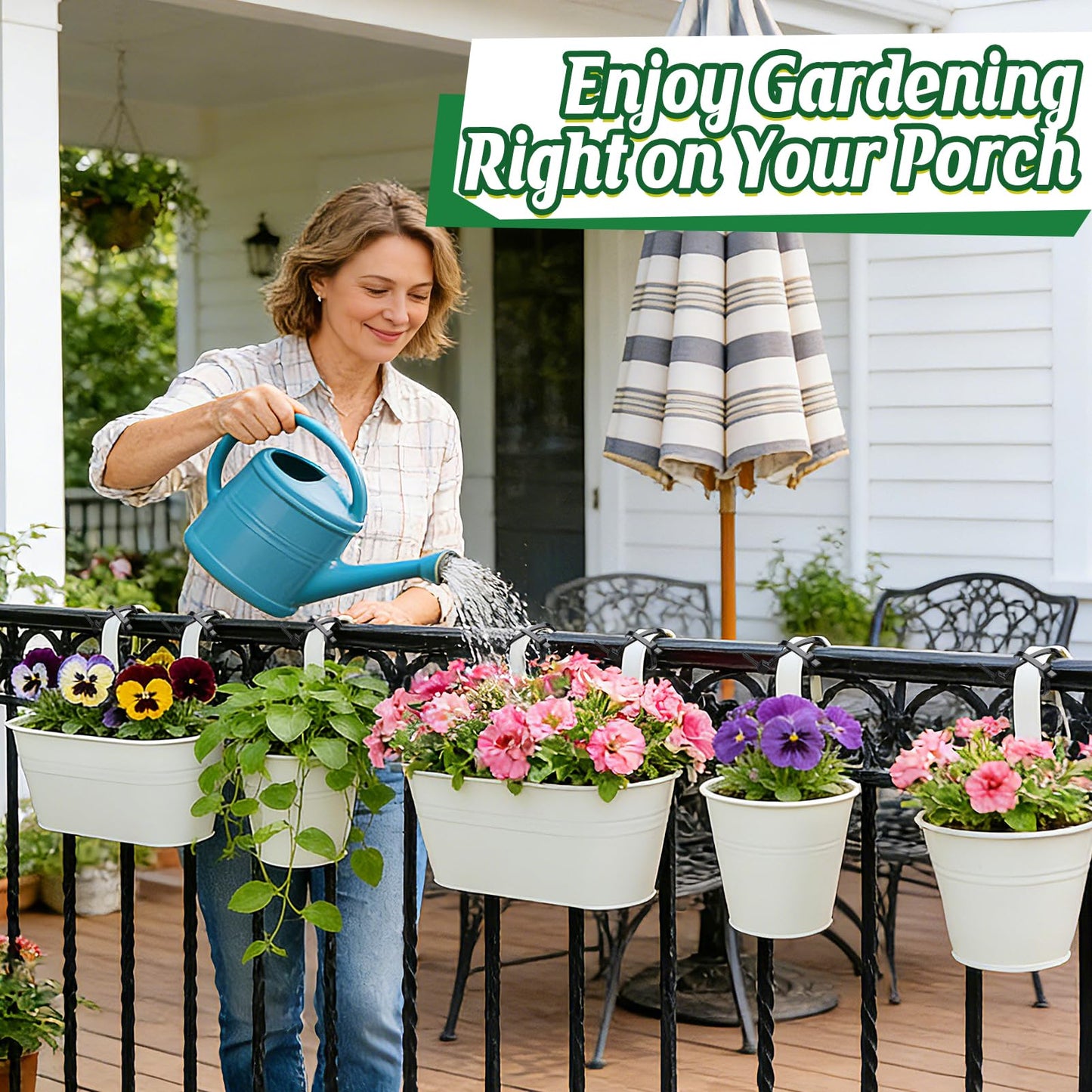 MADHOLLY 6Pcs Railing Planter with Drainage - 10.8" & 5.1" Bucket Pots for Balcony Railing, Metal Iron Hanging Flower Pots for Herb Planter Outdoor Deck & Rail Decor with Hook, White