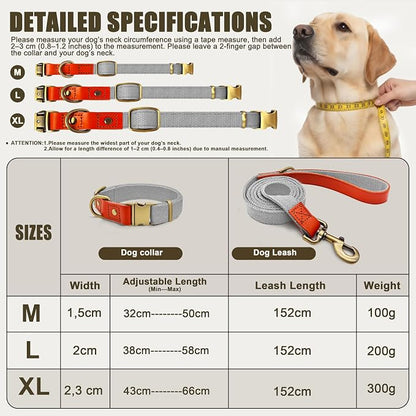 Nylon Dog Leash and Collar Set with Metal Quick Release Buckle, Adjustable, Durable High-Density Fabric, Breathable, Soft and Comfortable for Walking and Training, Silver-Gray, XL (16.9"-26")