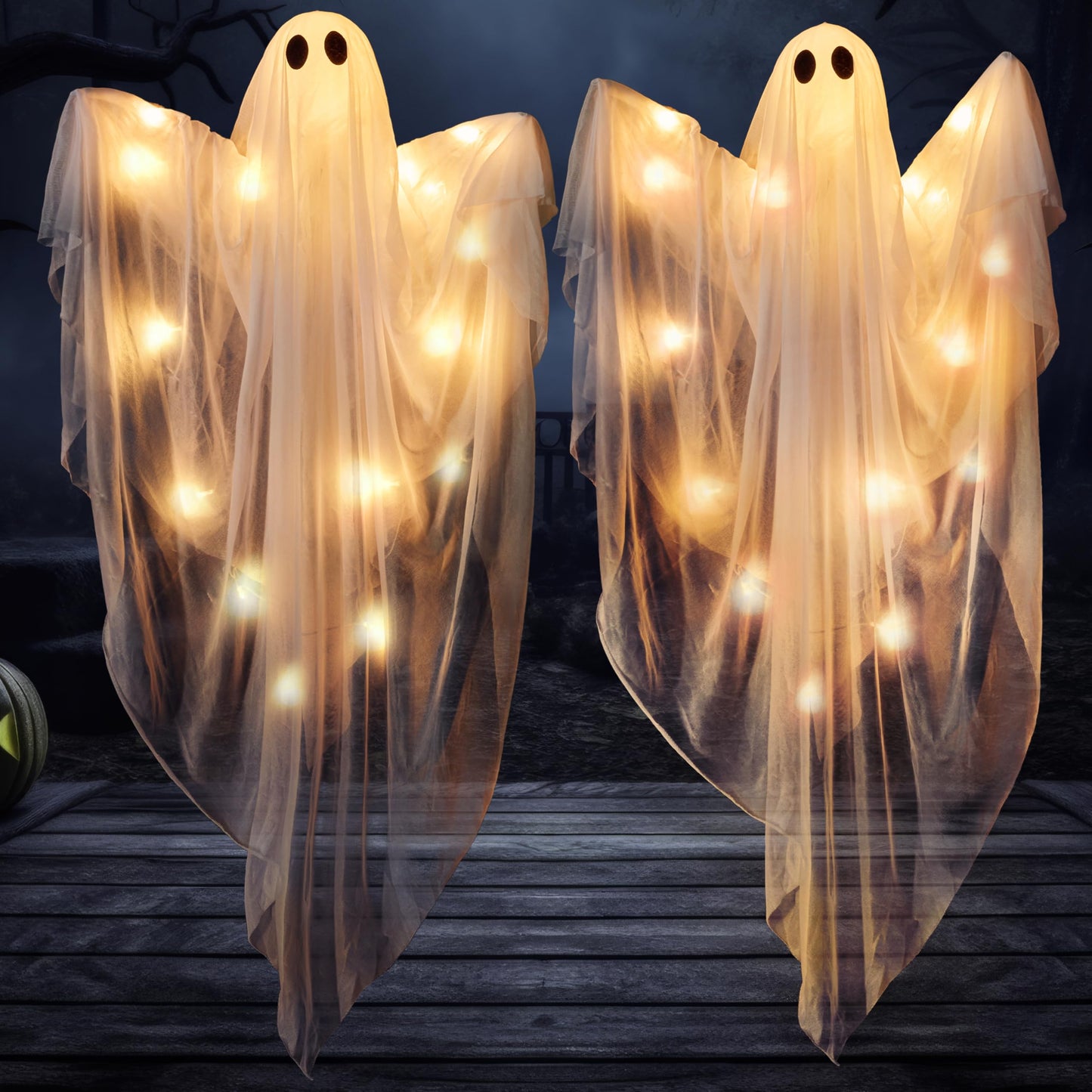 JOYIN 2 Pcs 47” Halloween Light up Hanging Ghost Decorations Outdoor, Halloween Flying Hanging Ghosts with Warm LED Lights and Timer for Haunted House Prop Front Yard Patio Party Decor Indoor Outdoor