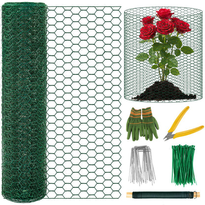 Convivium Plant Protectors from Animals, 0.8mm Free-Cut Green Chicken Wire Mesh, PVC Coated Tree Trunk Guard & Garden Fence for Outdoor Plants with Zip Ties, Stakes, Pliers, Gloves（16.4Ft*16In）