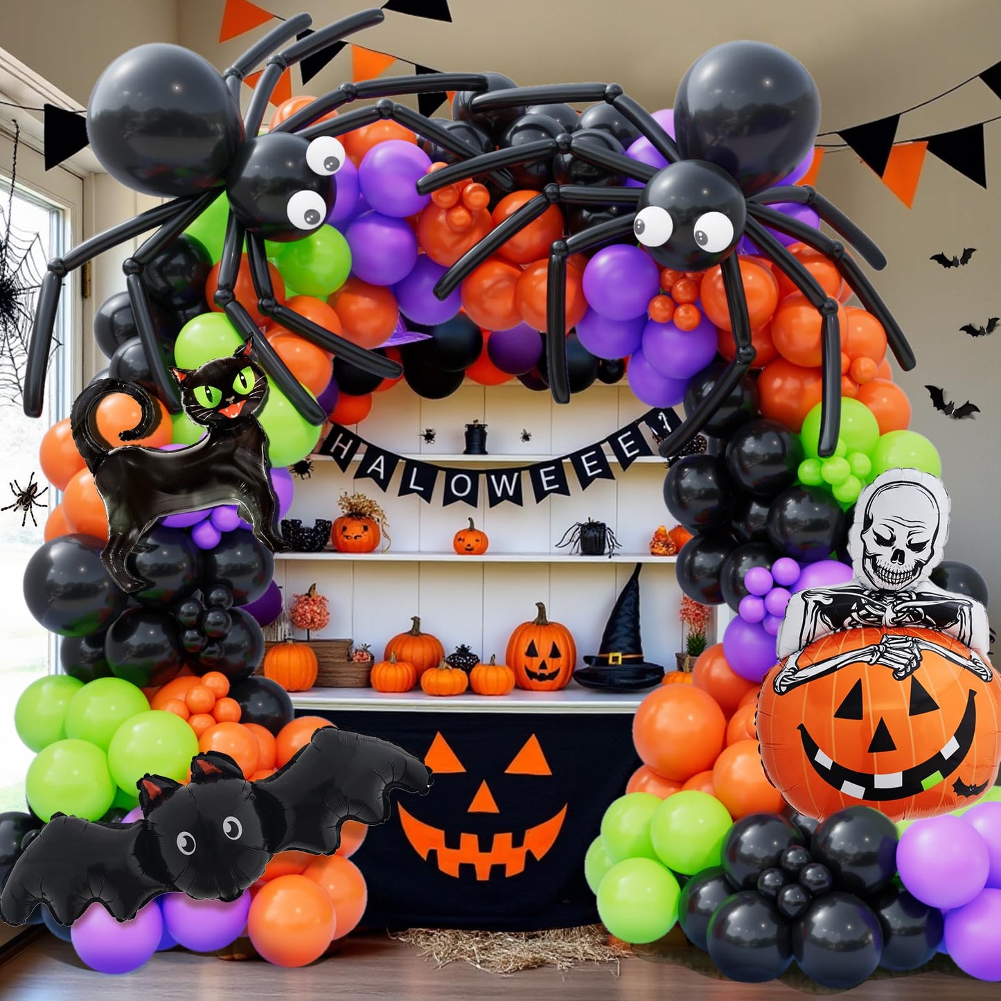 Bonropin 173pcs Halloween Balloon Garland Arch kit with Black Orange Green Purple Balloons Spider Balloons Halloween Foil Balloons for Haloween Theme Party Background Classroom Decorations