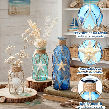FoldTier Coastal Glass Vases Set of 3 Rustic Beach Vases for Flowers Natural Starfish Shell Jute Rope Sea Glass Bottle Farmhouse Nautical Home Decor for Table Mantel Shelf Living Room Kitchen Bathroom