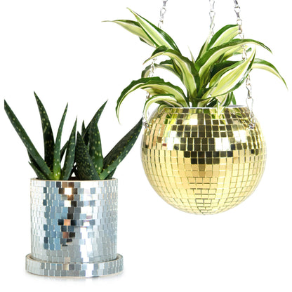 SCANDINORDICA Disco Ball Planter 6" Gold with Chain and Macrame Hanger and Disco Ball Planter Pot 4.3" with Saucer (0.3x0.3 mirror tiles)