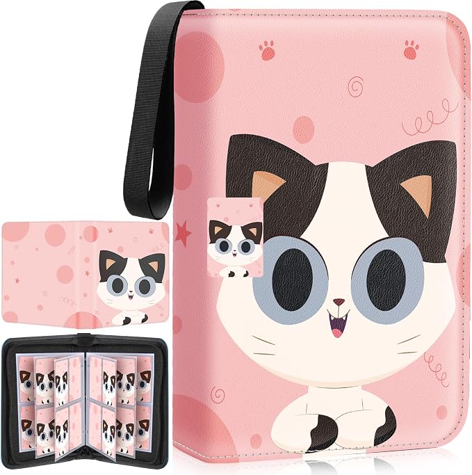 Premium 4 Pocket Trading Card Binder,400 Capacity with 50 Removable Sleeves | PU Leather Zipper Album Book for Sports Cards, Game | Card Storage & Organization for Girls Collector Orange Pink