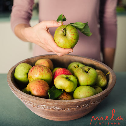 Mela Artisans 12 in Wide x 4.5 in Tall Jasmine Mango Wood Bowl – Hand-Carved Decorative Serving and Fruit Bowl with Whitewash Finish for Kitchen Counter, Salad, Bread and Home Decor