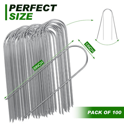 Tandefio 100 Packs Drip Irrigation Tubing Stakes 6 Inch Garden Pins Landscape Staples Securing Pegs Galvanized Lawn Yard U Pegs for Hose, Chicken Wire, Weed Barrier Fabric, Dog Fence