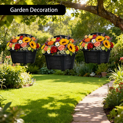 summer flower 3 Pack Hanging Planters for Railing, 9.84 Inch Plastic Window Box with Drain Hole Plug, Indoor Outdoor Flower Pots for Balcony Fence Garden Decor (Black)