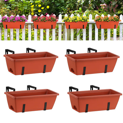 Window Boxes Planters 17’’ Railing Planter Box with Adjustable Brackets, 4 Pack Hanging Deck Railing Planters Rectangular Flower Pots for Outdoor Patio Balcony Fence