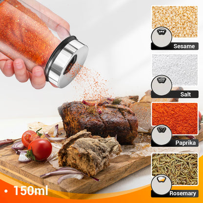 Segarty Spice Jars with Label, 3 Pack 5 oz Empty Glass Spice Jar with Shaker Lids, Salt and Pepper Shakers Set with 136 Stickers, 1 Chalk Marker, 1 Brush, Seasoning Bottles with Ajustable Holes