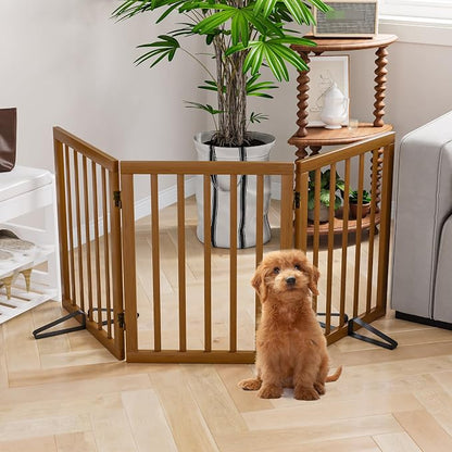 Semiocthome Freestanding Dog Gate 24“Tall, Walnut Foldable Dog Gates for Doorways Stairs Indoor, Wooden 3 Panels Pet Gates for Dogs with 2 Metals Stands, Fully Assembled Door Gates Fences