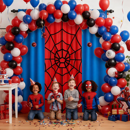 Boao 3 Pcs Spider Backdrop Birthday Decoration Spider Web Curtains 6.6 x 3.9 ft Photo Banner Window Decor for Party Photography Background Photo Props(Red and Blue Splicing)