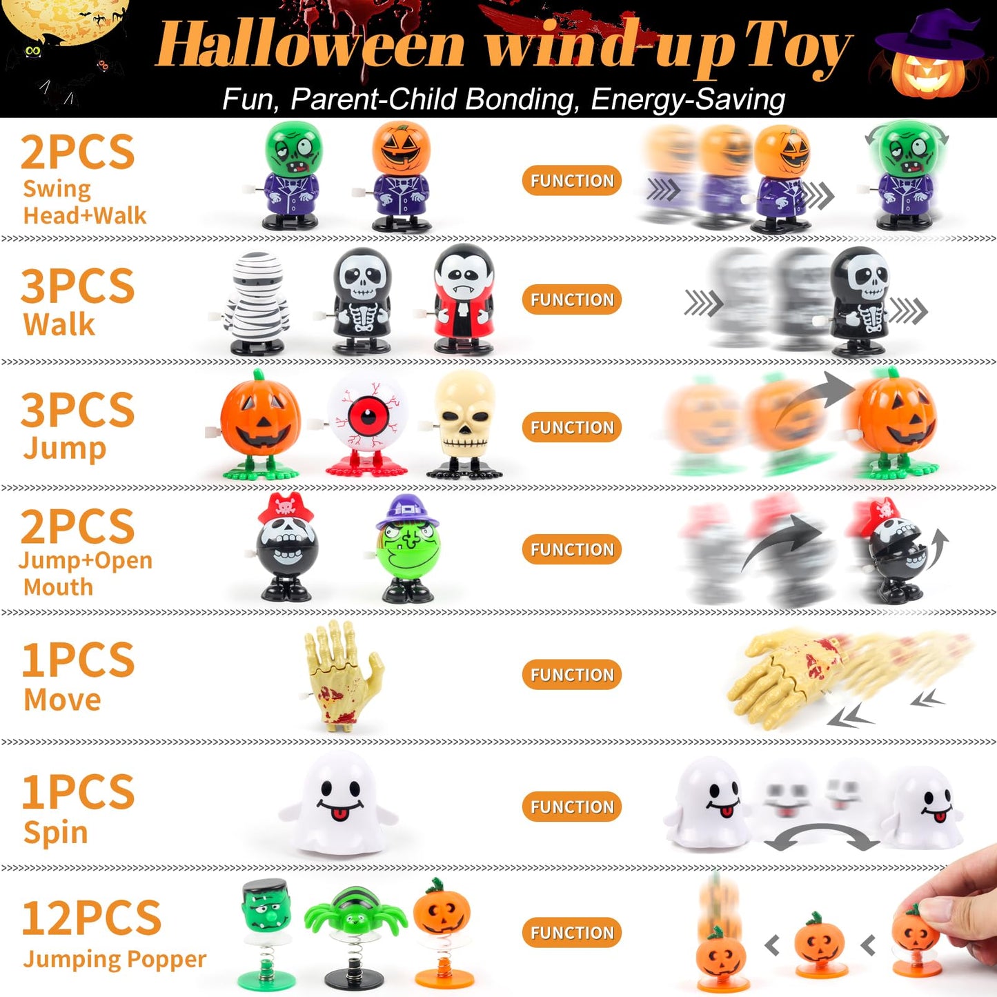 WESAYEE 24 PCS Halloween Wind Up Toys for Kids, Bulk Halloween Party Favors, Wind Up Toys for Trick or Treat, Goodie Bag Stuffers Carnival Prizes, Classroom Gifts for Toddlers