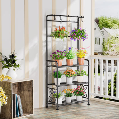 Plant Stand Indoor Outdoor Heavy Duty Metal - 56.4" Tall 3-Tier Shelf for Multiple Plants, Flowers, Rustproof Black Storage Rack for Patio, Balcony, Living Room, Garden, Includes Hooks&Adjustable Feet