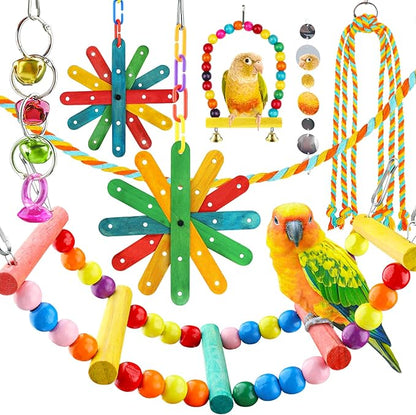 QUOZUO 8 pcs Bird Toys for Parakeets with Colorful Ladder Hammock Bird Cage Accessories Bird Perch Stand Chewing Toys Hanging Bell Parrot