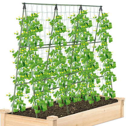 Cucumber Trellis for Raised Bed, 1 Pack 4ft Tall A-Frame, Garden Trellis for Climbing Plants Outdoor, Perfect for Vines, Beans - Green with Netting