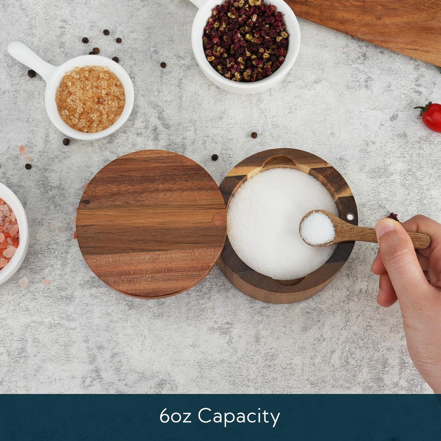 KITCHENDAO Marble Lid Acacia Salt Cellar Box Bowl with Built-in Spoon and Swivel Magnetic Lid Acacia Salt Cellar Box with Built-in Spoon
