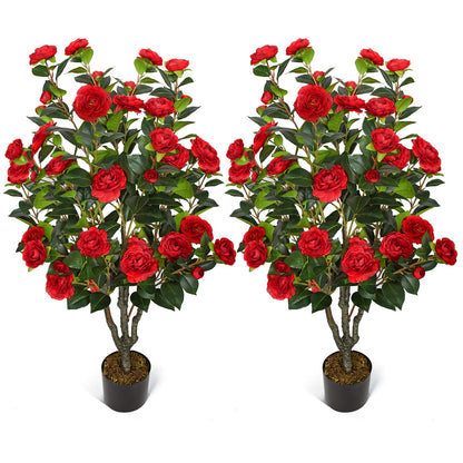 2 Pack Artificial Camellia Tree 42" Faux Floral Trees with 36 Red Blooming Flowers Tall Camellia Plant in Cement Pot with Dried Moss for Porch Front Door Office Shop Home Room