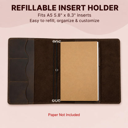 TORAKIP Leather A5 Notebook Cover – Refillable Journal Case with Elastic Bands, Pen Loop & Inner Pockets, Handmade Notebook Organizer, Fits 5.8" x 8.3" Inserts (Paper Not Included), Brown
