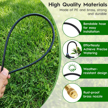 100Ft 360° Adjustable Drip Irrigation System Kit, 1/4 Inch PE Tubing with 20 Bendable Nozzles, Automatic Garden Watering System for Greenhouse, Lawn, Raised Bed, Flower Bed
