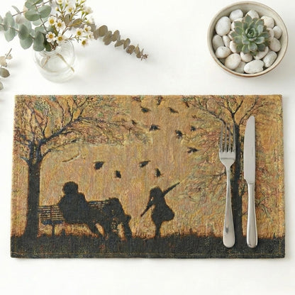 DaDalogy Farmhouse Rustic Dining Placemats - Set of 4 Tapestry Woven Cotton Halloween Kitchen Table Mats Fall Silhouette Decor - Family Cozy Cabin Orange Tan Black Decorative - 13” x 19”