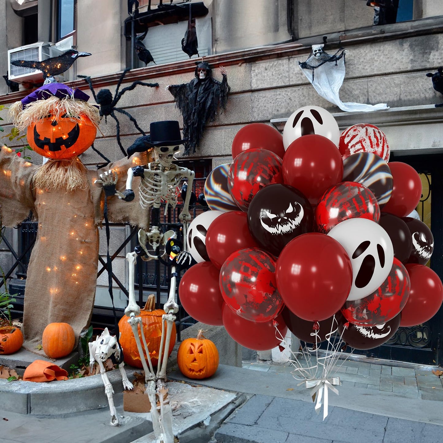 Halloween Bloody Balloons 12 Inch 51 Pcs Red and Black Scary Balloons with Ghost Expression Print Balloon Crimson Vivid Red Blood Hand Marble Balloon for Spooky Haunted House Scream Creepy Decor