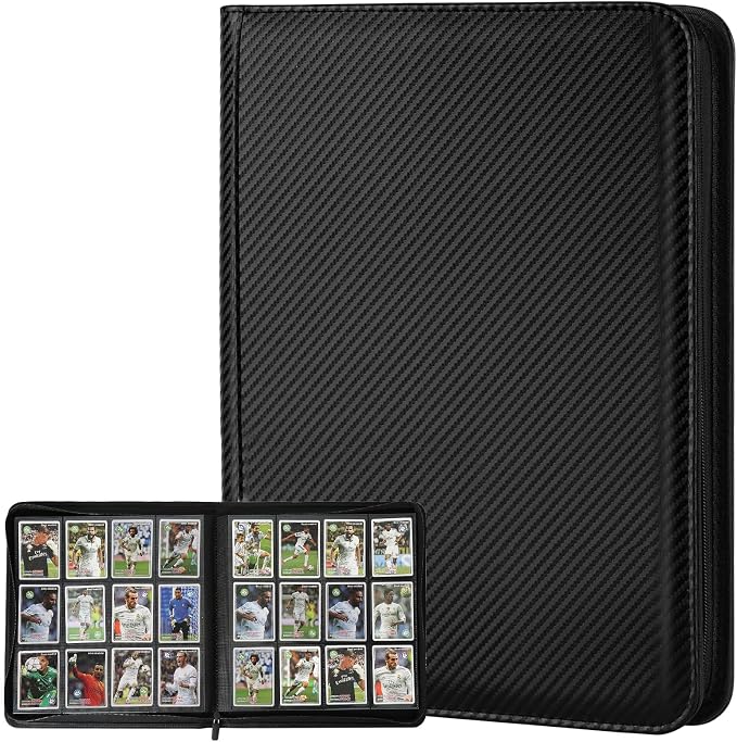 12 Pocket Ringless Side Loading Trading Card Binder, 720 Cards PU Fixed Page Zipper Card Album for TCG Sports Game Cards, Not Fit Top Loaders (Carbon Black)