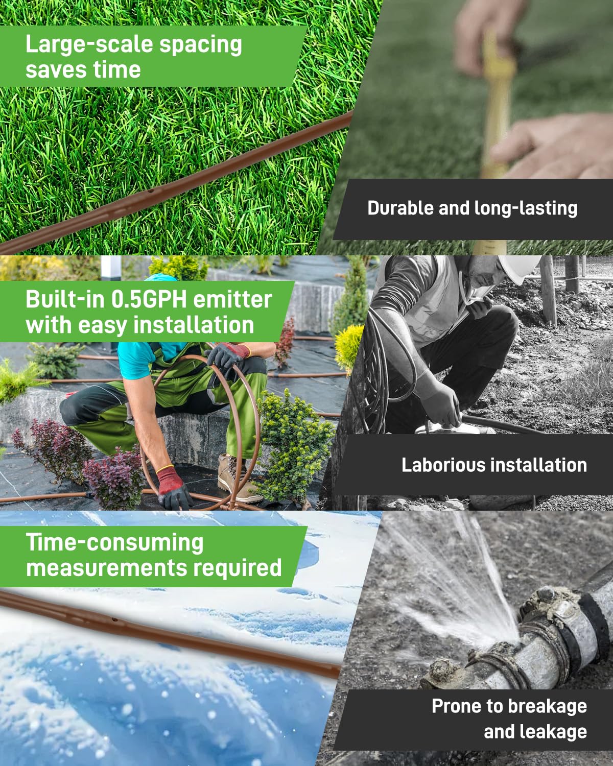 1/4" Drip Irrigation Tubing with 6" Emitter Spacing, (250 Ft Roll) Hydroponics Dripline with Built-in 0.5 GPH Dripper, Drip Line for Vegetation, Window Boxes and Garden (Brown)