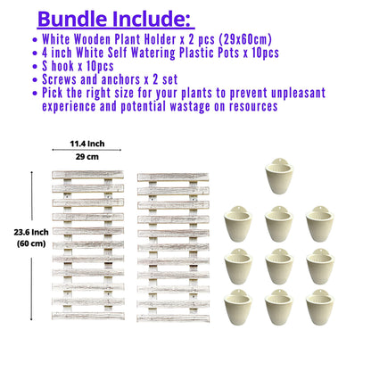 ShopLaLa Bundle- 4" x 10 Pack White Self Watering Plastic Pots + White Wooden Hanging Planters, Vertical Wall Mounted Herb Flower Garden Hydroponic Modern Pot Living Plant Sytem LaLaGreen