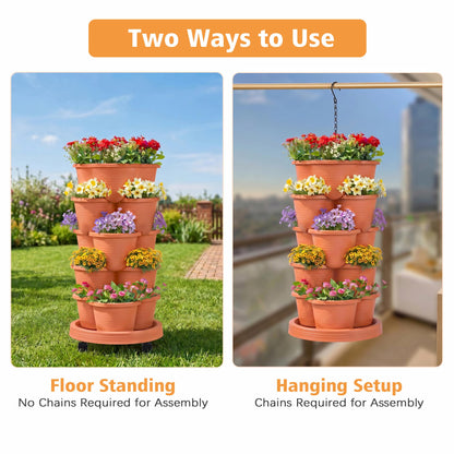 VECELO 5 Tier Vertical Garden Planter, Self Watering Stackable Planters with Wheels for Strawberries, Herbs, Flowers, Vegetables, Red