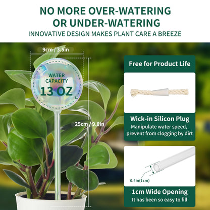 Soilagua 13 oz Up to 2 Weeks Extra Large Plant Self Watering Globes, Light Iridescent Glass Water Bulb Indoor, Plant Waterer Self-Watering Stakes, Perfect Gardening Gifts, 4 Pack