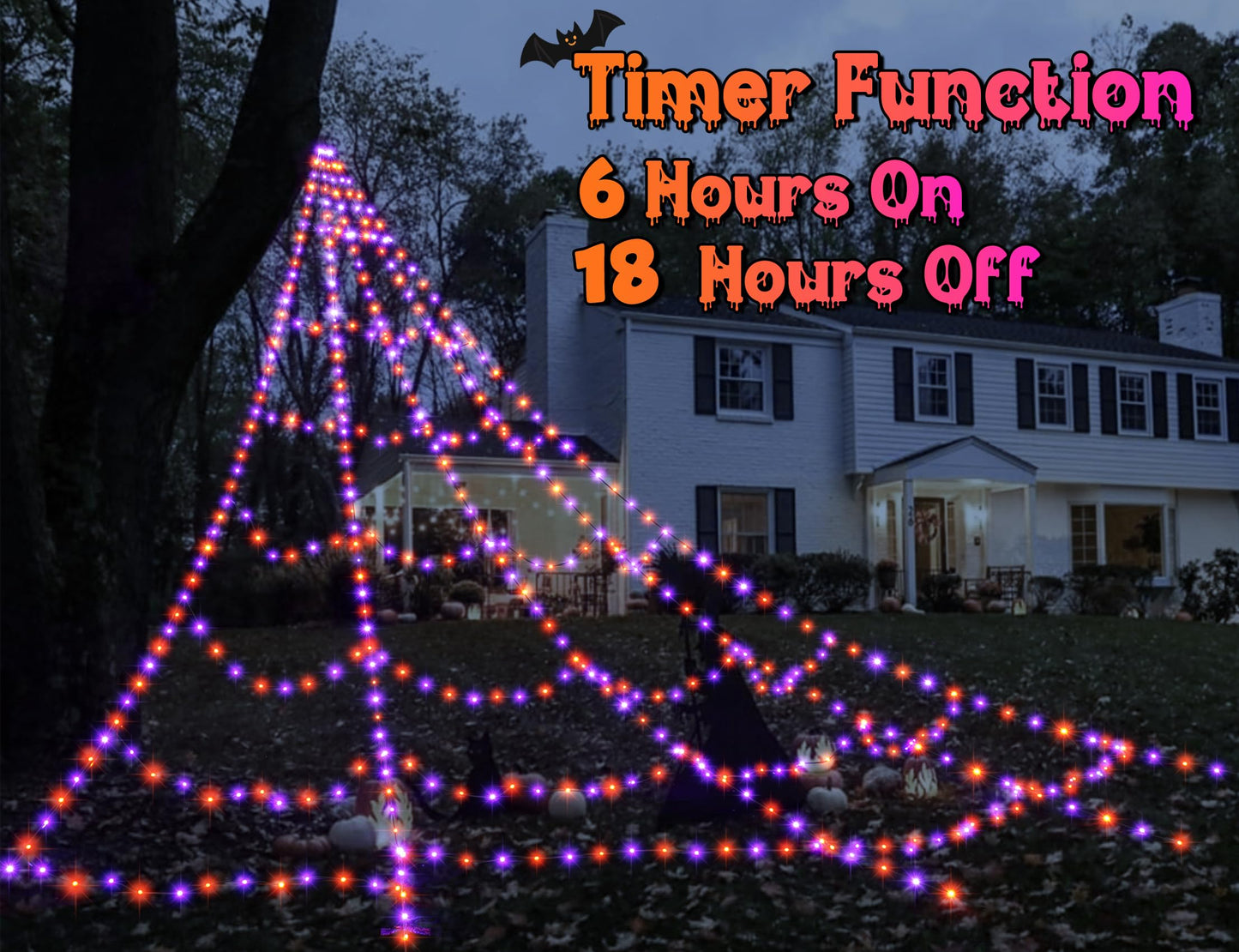 LED Spider Web Lights for Halloween Decorations Outdoor - 616 LEDs, 8 Lighting Modes, 16.4 Ft Light Up Giant Web (Purple & Orange)