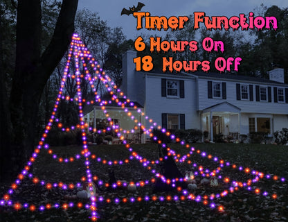 LED Spider Web Lights for Halloween Decorations Outdoor - 616 LEDs, 8 Lighting Modes, 16.4 Ft Light Up Giant Web (Purple & Orange)