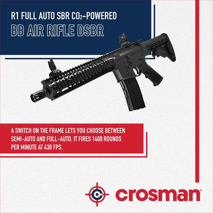 Crosman Full Auto R1 CO2 BB Air Rifle with 25-Round Magazine - Full and Semi-Auto Action, 1400 round per minute rate, Adjustable Stock, Quad Rail - Black