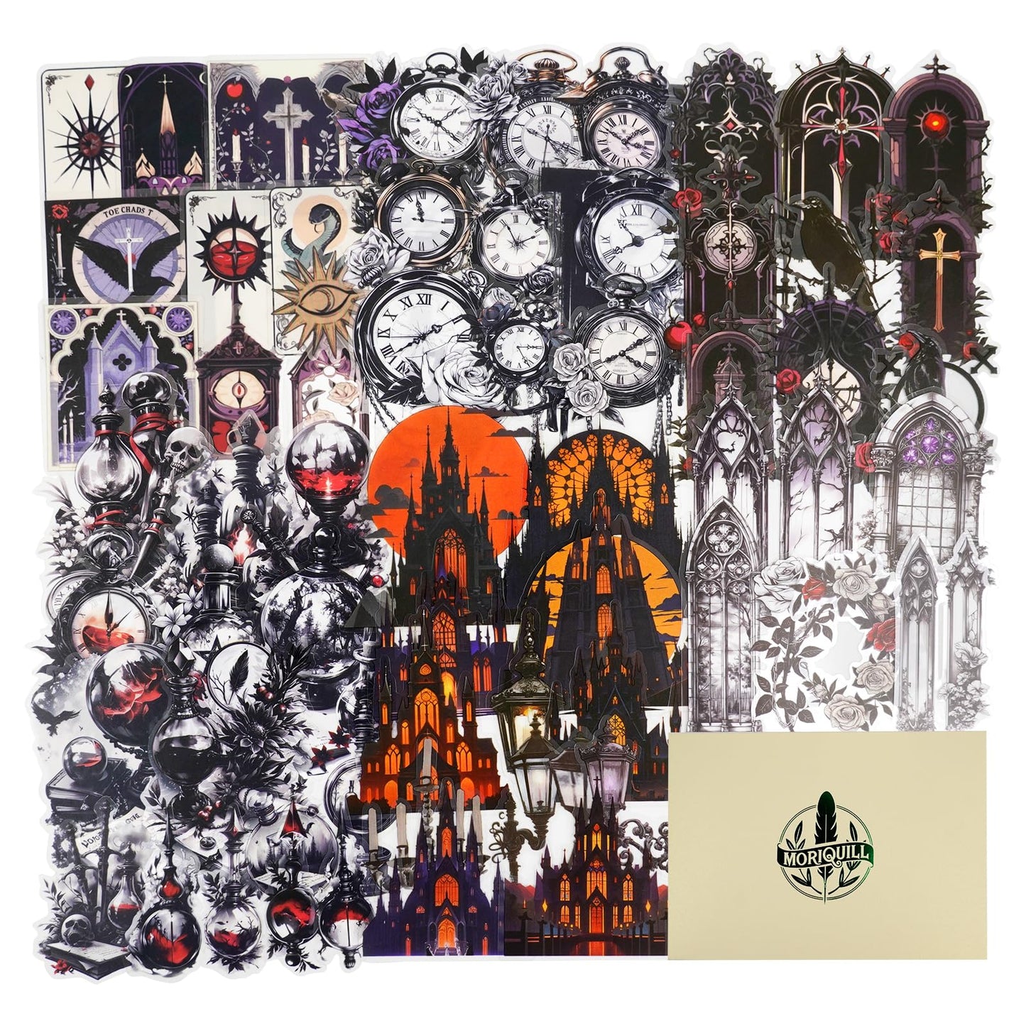 Moriquill 90PCS Gothic PET Stickers Set – Waterproof Die-Cut Stickers with Vampire Castles Clocks Tarot Potions for Scrapbook Journal DIY Cards Planners Halloween Crafts