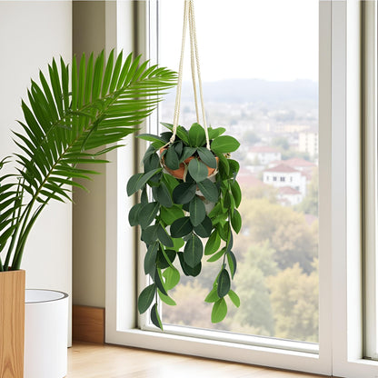 Hisow Hanging Plants Artificial Decor, Fake Hanging Plant in Clay Pot Artificial Hanging Plants with Fake Leaves and Hook for Wall Home Room Indoor Outdoor Décor (Dark Green)
