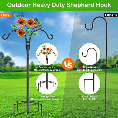 Double Shepherds Hooks for Outdoor, 2 Pack 78 Inch Bird Feeder Pole with 5 Prongs Base, Adjustable Heavy Duty Plant Hangers Sunflower Art for Outdoor Plants Hummingbird Feeder Hanging Basket Lantern