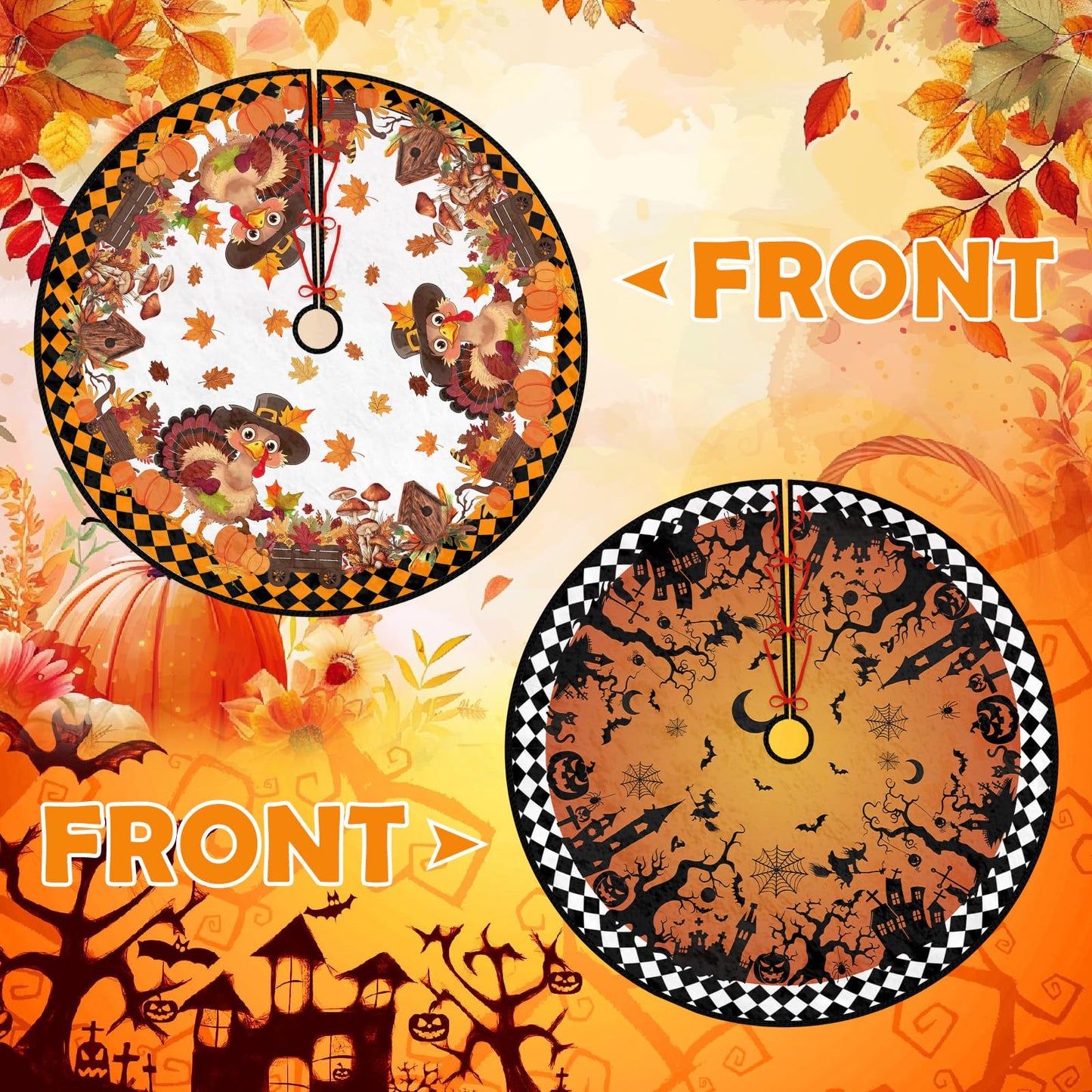 Orange Christmas Tree Skirt 36 Inch Reversible Halloween Thanksgiving Double Side Print Tree Skirt Fall Christmas Tree Skirt for Party Indoor Outdoor