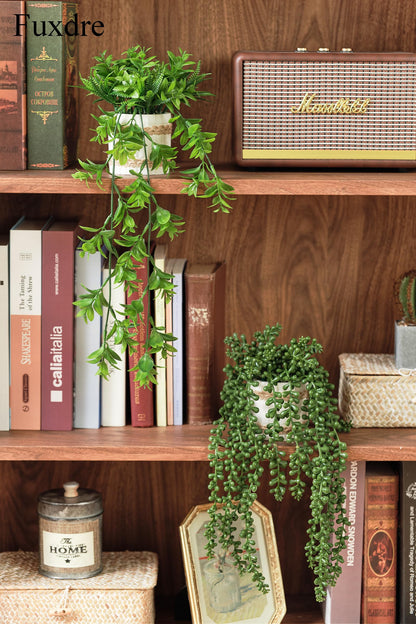 Fuxdre Fake Hanging Plants, 2pcs Artificial Potted Greenery Faux Eucalyptus Vine Fern and String of Pearls in Pot for Home Room Wall Shelf Patio Garden Indoor Outdoor Decor