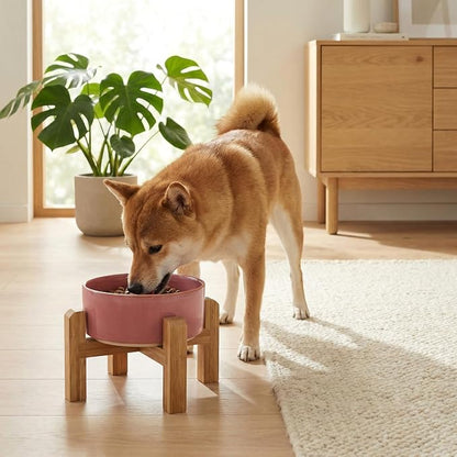 hjn Elevated Ceramic Dog Bowl with Bamboo Stand, Raised Pet Feeding Station for Small Medium Dogs Cats, Modern Design with Anti-Slip Base (Deep Pink, 3.6Cup)