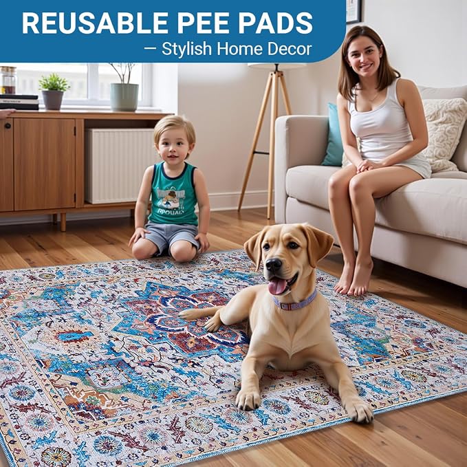 Washable Dog Pee Pads - 2 Pack， 48x36 Inch Large Reusable Absorbent Waterproof Puppy Potty Training Pads, Non-Slip Leakproof Whelping Pet Boho Mat for Crate, Playpen， Kennel & Indoors