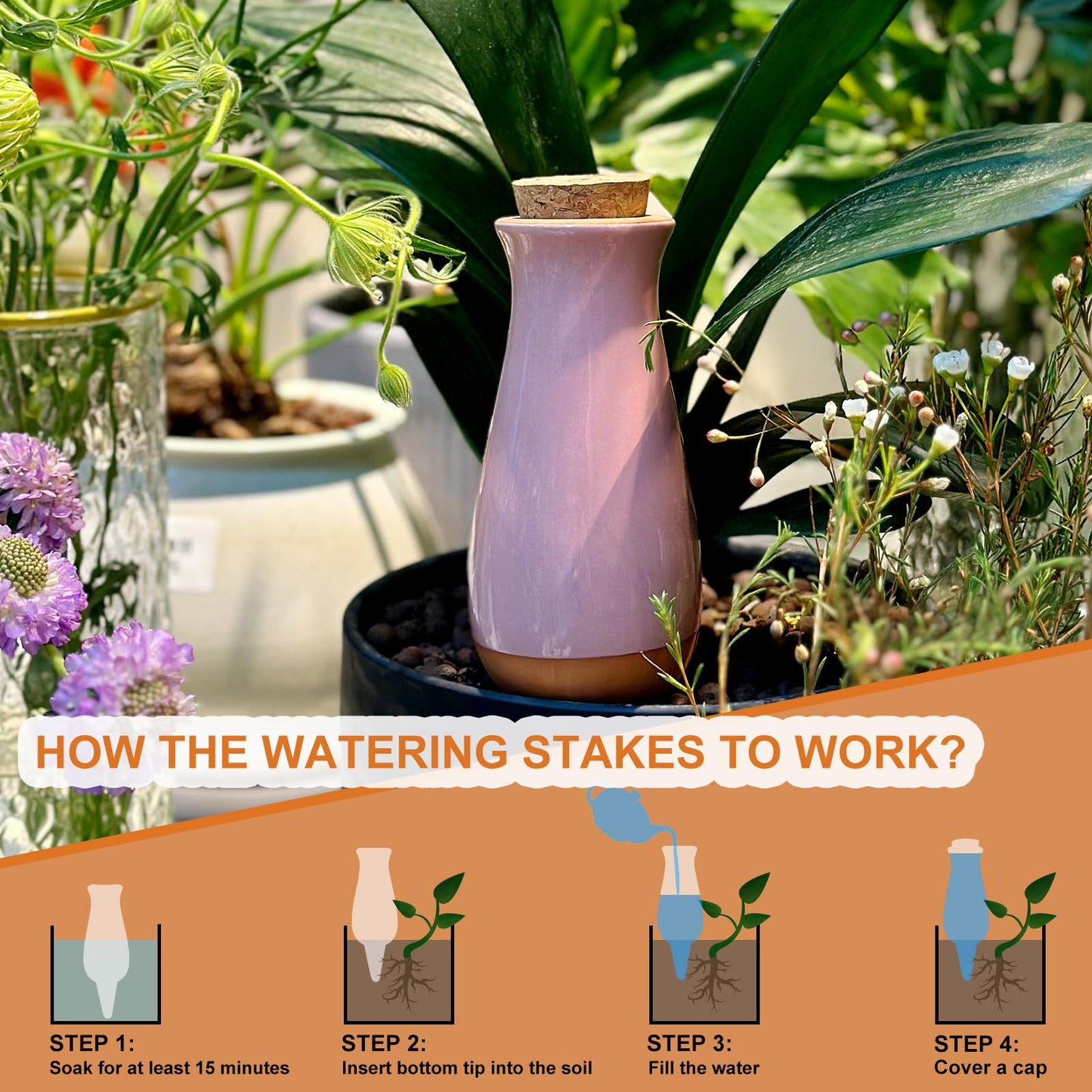 4 Packs Ollas Plant Watering Globes, 12 Oz Terracotta Self Watering Planter Insert, Automatic Watering Devices, Clay Drip Irrigation Stake for Indoor & Outdoor Plant, 1 Week Easy to Refill(Multicolor)