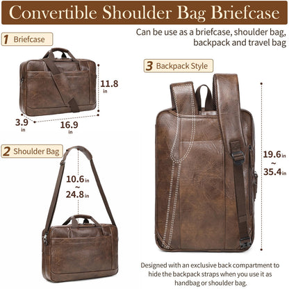 Faux Leather Messenger Bag for Men 17-17.3 Inch: Convertible 3 in 1 Backpack Laptop Bag Briefcase Computer Handbags Shoulder Crossbody Bag with Padded Laptop Sleeve for Work College Travel, PU Coffee