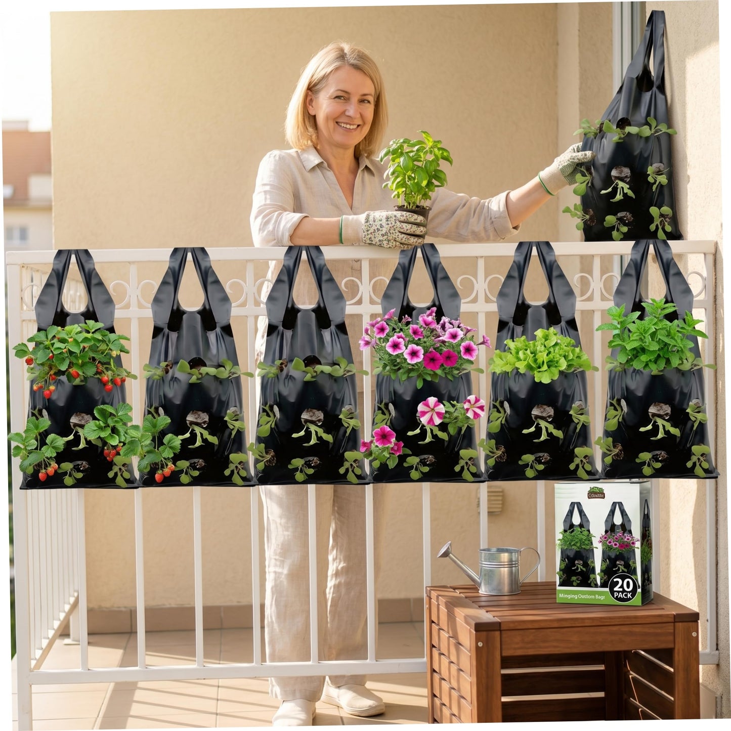 Ginwrek Strawberry Planter 20PCS Hanging Strawberry Planter, 9x21inch Grow Bags Space-Saving Ventilate Hanging Grow Bags for Balcony & Garden, Black