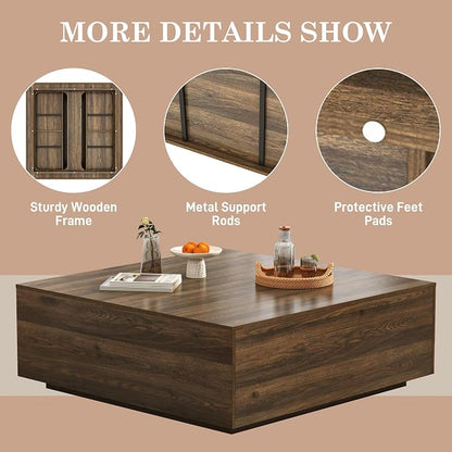 47” Square Coffee Table with Storage, 47" D x 47" W x 17" H Modern Large Square Center Table with 2 Drawers,Wood Coffee Table for Living Room,Bedroom（Walnut）