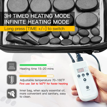Goodtar Portable Massage Stone Warmer Set, 20 Pcs Basalt Hot Stones with Heater Kit, Electric Hot Stones Warmer Massager for Professional/Home Spa, Digital Controller Heating Travel Bag (Black)